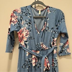 PinkBlush Blue Floral Sash Tie Maternity/Nursing Wrap Maxi Dress